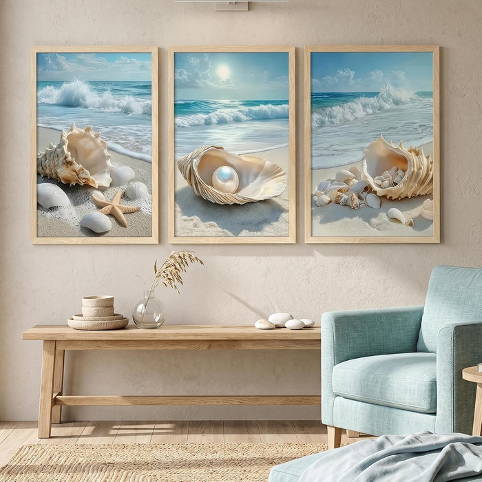 Triptych Coastal Shell Pearl Framed Canvas Wall Art 20X30 Inch X3 | Wooden Frame, Uv-Resistant Ink, Giclée Printing Process, Pre-Installed Hooks Make It Easy to Hang Home or Office Wall Decor