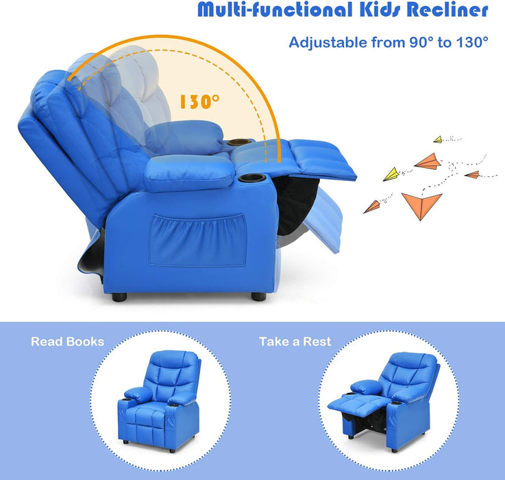 Kids Recliner Chair with Cup Holder, Adjustable Leather Lounge Chair W/Footrest & Side Pockets for Children Boys Girls Room, Ergonomic Toddler Furniture Sofa, Kids Recliner (Blue)