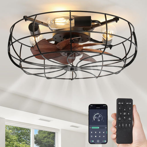 20" Caged Ceiling Fans with Lights and Remote, Flush Mount Bladeless Low Profile, Small Farmhouse Industrial Enclosed Ceiling Fan for Bedroom, Kitchen, Indoor