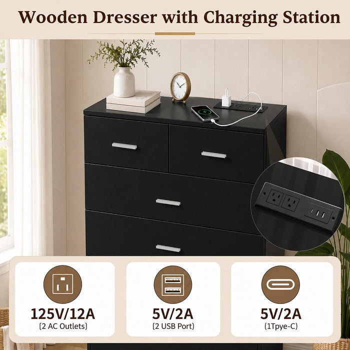 47.3" Tall Dresser with Charging Station Wooden 7 Drawer Dressers for Bedroom Chest of Drawers with Sliding Rails for Home Office Entryway Black