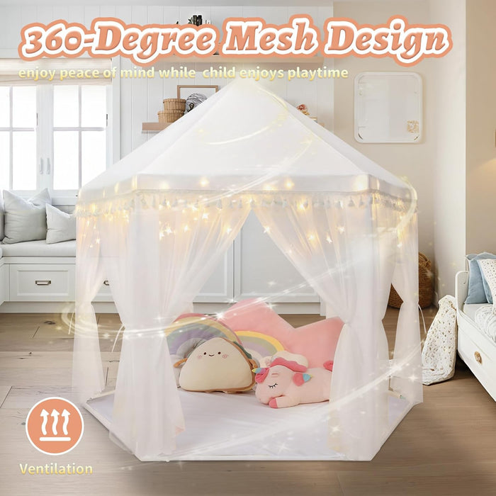 White Princess Tent Girls Tassel Decor Large Playhouse Kids Castle Play Tent with Star Lights Toy for Children Indoor and Outdoor Games, 55'' X 53'' (White Princess Tent with Tassel)