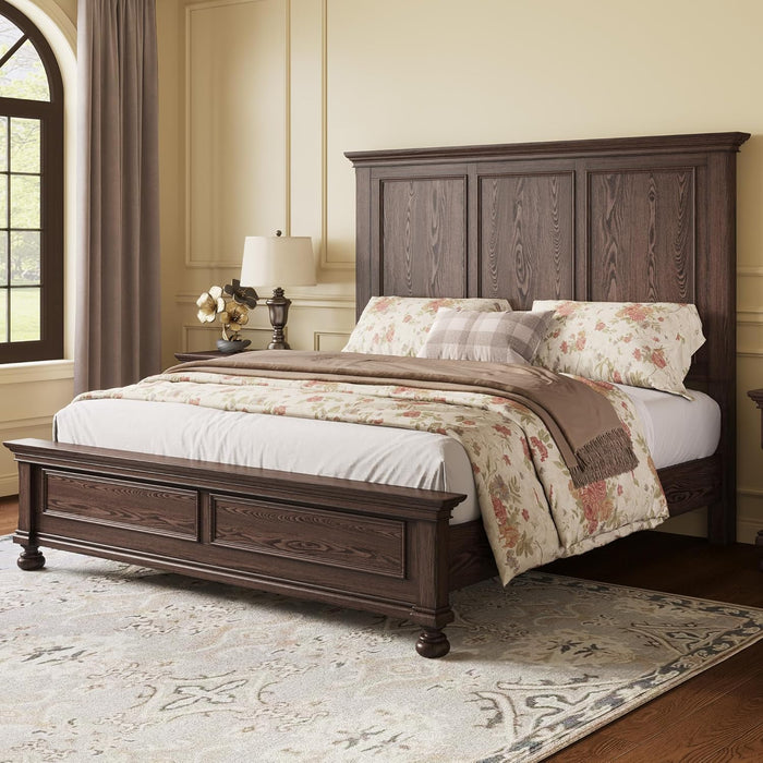 Solid Wood King Bed Frame with 65.2" High Headboard, Traditional Platform Bed with Heavy Duty Slats, No Box Spring Needed, Easy Assembly, Dark Brown