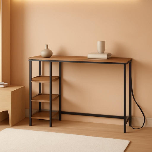 Console Table with Power Outlet, 63" behind Sofa Table with Shelves, Narrow Entryway Table with Storage, Couch Table for Living Room, Hallway, Rustic Brown and Black BF164UXG01