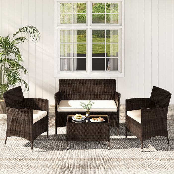 4 Pieces Comfortable Mix Brown Outdoor Rattan Sofa Set with Glass Coffee Table