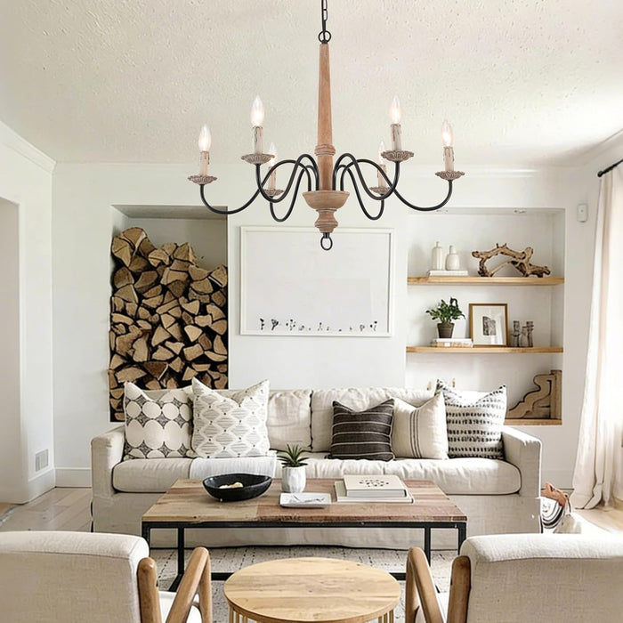Six Lights French Country Rustic Wooden Chandelier