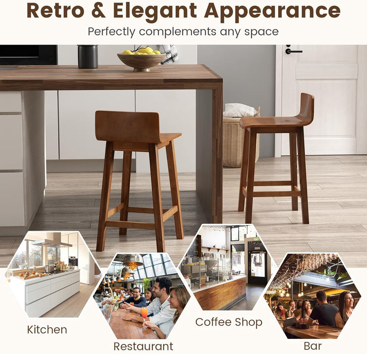 24.5" Bar Stools Set of 2, Counter Height Bar Stools W/Low Back & Footrest, Farmhouse Wooden Bar Dining Chairs, Armless Wood Barstools for Kitchen Island, Pub, Kitchen, Cafe, Breakfast, Brown