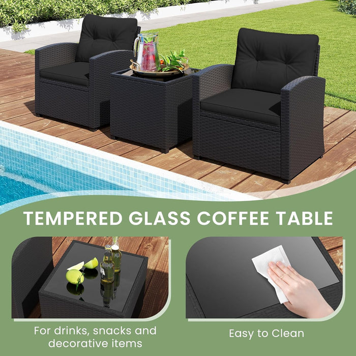 3 Pieces Patio Furniture Set, Wicker Conversation Set Outdoor Chairs with Cushions, Glass Coffee Table, Rattan Bistro Set for Front Porch Balcony Garden Deck Poolside (Black)