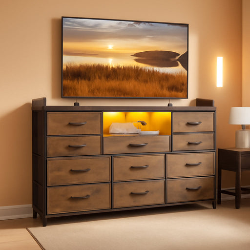 Dresser TV Stand with 11 Drawers for 60" TV Stand for Bedroom with LED Lights & Power Outlets Long Dresser for Bedroom with Shelves & 4 Hooks, Sturdy Metal Frame & Thick Wood Top, Rustic Brown