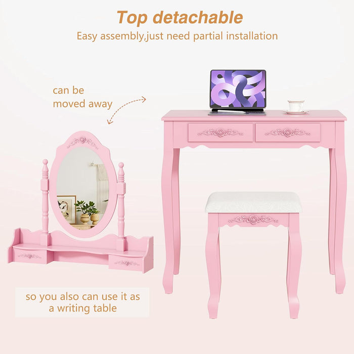 Girls Vanity Desk Set with Mirror and Cushioned Stool, 2 in 1 Pink Makeup Vanity Dressing Table with 4 Drawers for Women and Girls, Bedroom Dorm