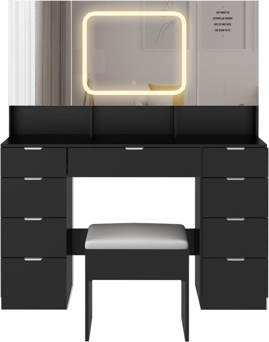 Large Vanity Table Set with 3 Opening Mirrors & LED Lights, Makeup Desk with 9 Drawers, 3 Hidden Cabinets and Charging Sockets, Upholstered Bedroom Stool