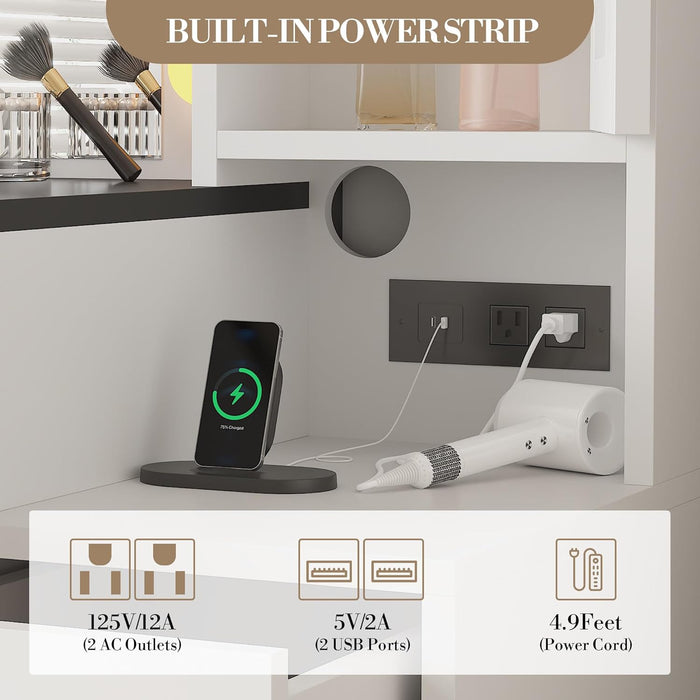 Makeup Vanity Desk and Stool, Vanity Desk with Lights, Vanity Table Set with Charging Station, Drawers and Hidden Storage Shelves, White
