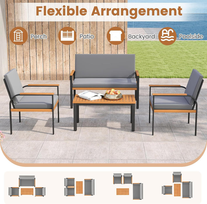 8 Pieces Patio Furniture Set, Outdoor Conversation Set with Acacia Wood Coffee Table, Cushioned Loveseat & 2 Single Armrest Chairs, for Porch, Garden, Backyard, Poolside