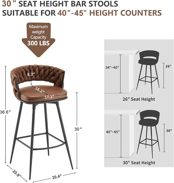 BV Bar Height Bar Stools Set of 2, 30 Inch Seat Height Bar Stools, 180° Swivel Barstools with Woven Back and Footrest, Suede Fabric Counter Stools for Kitchen Island, Bar Pub