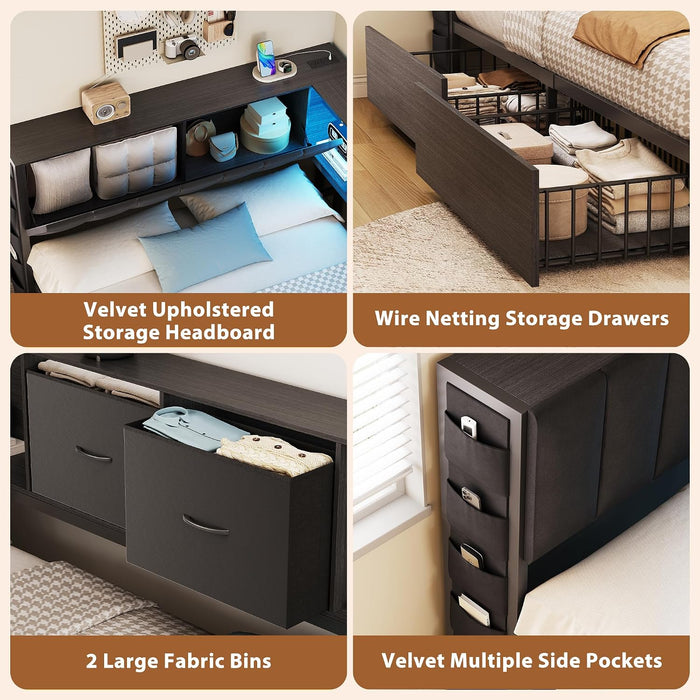 Full Corner Bed Frame with Upholstered Storage Headboard and Drawers, Metal Platform Bed Frame with LED Light and Charging Station, Full Daybed for Living Room, Bedroom & Guest Room, Black