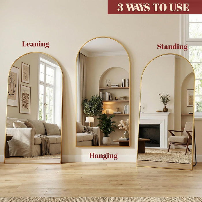 58"X18" Arched Full Length Mirror with Stand, Full Body Mirror with Aluminum Frame, Freestanding/Leaning/Wall-Mounted, Floor Mirrors for Bedroom, Living Room, Entryway, Dressing Room, Gold