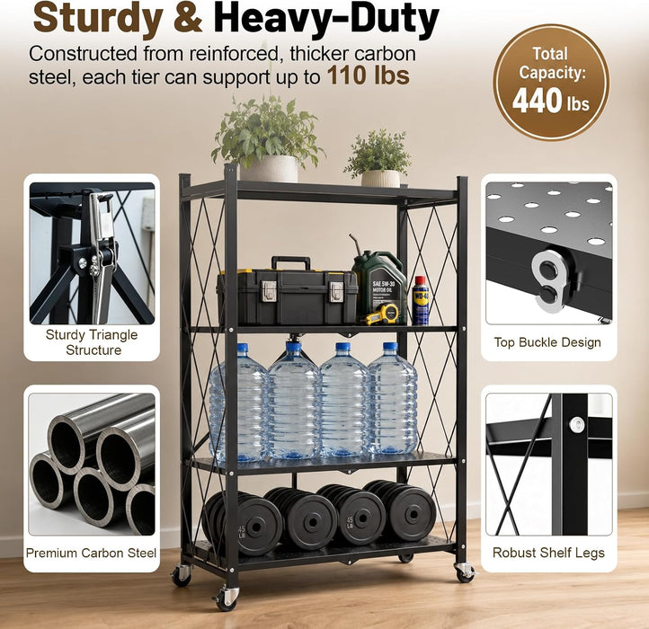 4 Tier Foldable Metal Storage Shelves on Wheels No Assembly | Heavy-Duty Shelf Unit for Kitchen, Garage, Pantry, Basement, Bookshelf, Black