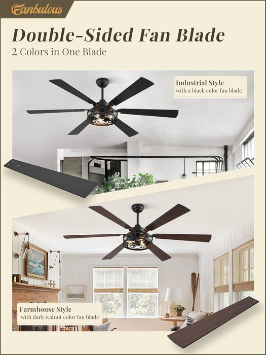 65 Inch Ceiling Fan with Lights, Farmhouse Caged Ceiling Fans with Remote, Black Industrial Ceiling Fans with Quiet Reversible DC Motor, Large Ceiling Fan for Living Room, Bedroom
