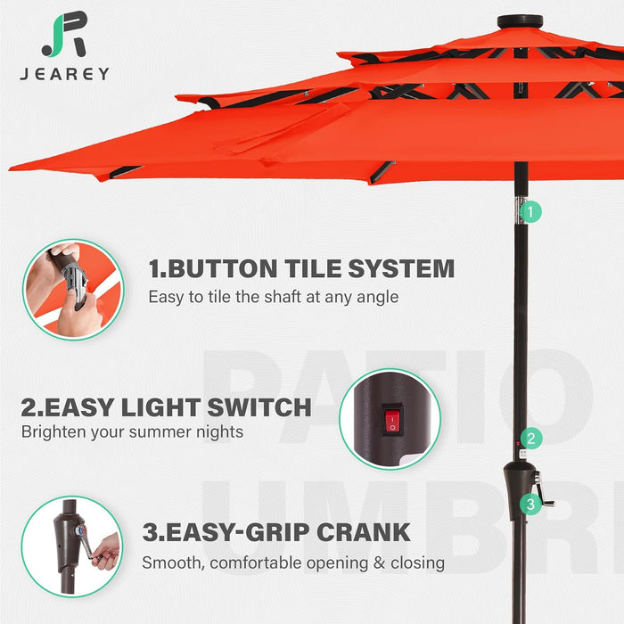3 Tiers Patio Umbrella with Solar Lights 9Ft Outdoor Market Table Umbrellas with Push Button Tilt for outside Pool Garden, Orange