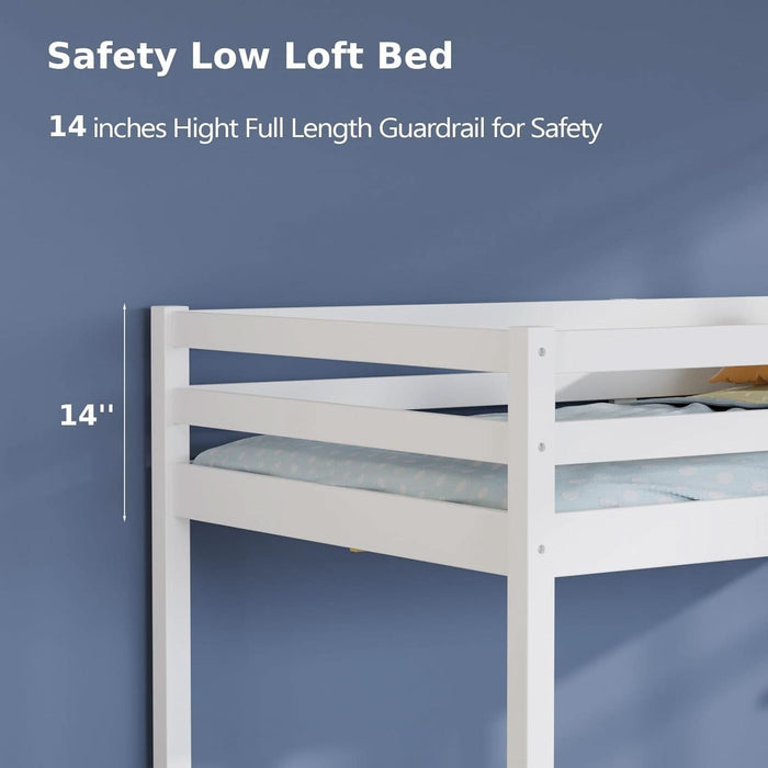 47'' Tall Junior Low Loft Bed with Stairs, White Wood Loft Bed Twin Size for Adults, Kids and Young Teens, No Box Spring Required,Wood Slat Support