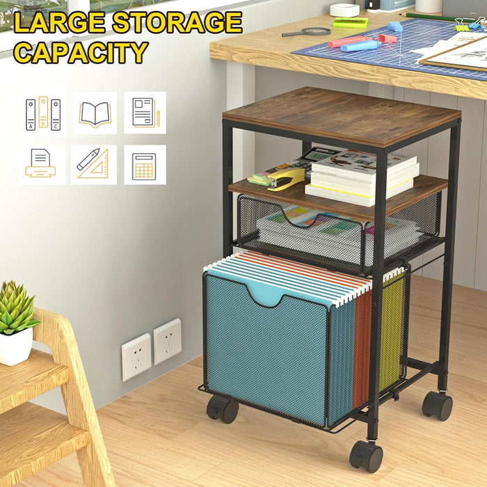 Rolling File Cart, File Cart for under Desk Storage, Mobile Wood & Mesh Filing Cabinet with Sliding Drawer, for A4, Hanging File Folders, Printer, 14.7" L X 11.8" D X 25.3" H