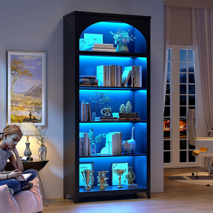 70" Arched Bookshelf with LED Lights, 5-Tier Storage for Displaying