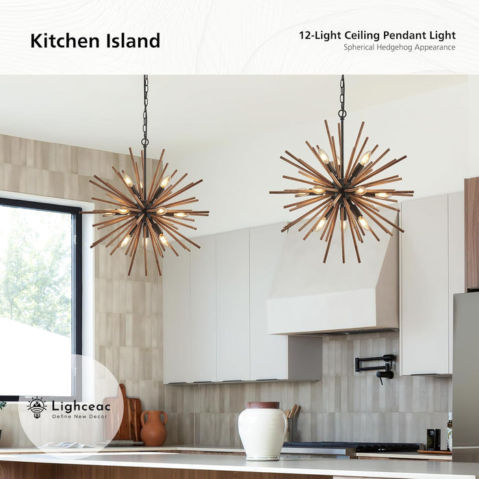 12 Lights Farmhouse Wood Sputnik Chandelier Fixture