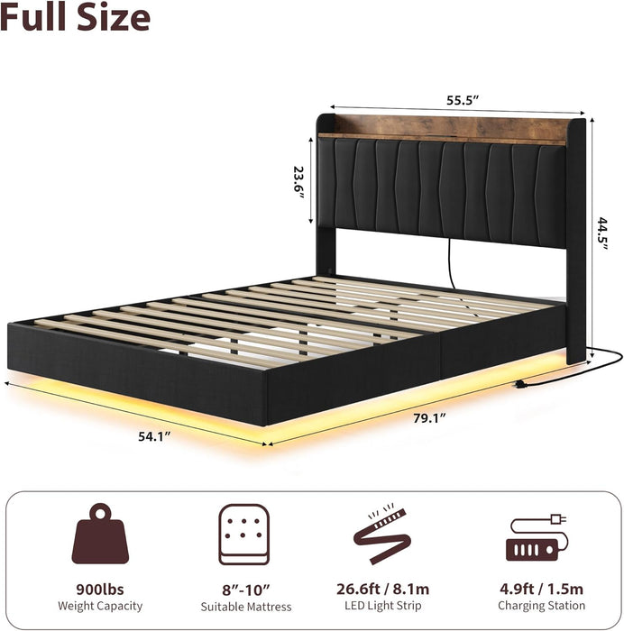 Full Floating Bed Frame with LED Lights & Charging Station, Upholstered Platform Bed with Storage Headboard, Wood Slats Support, No Box Spring Needed, Easy to Assemble, Black