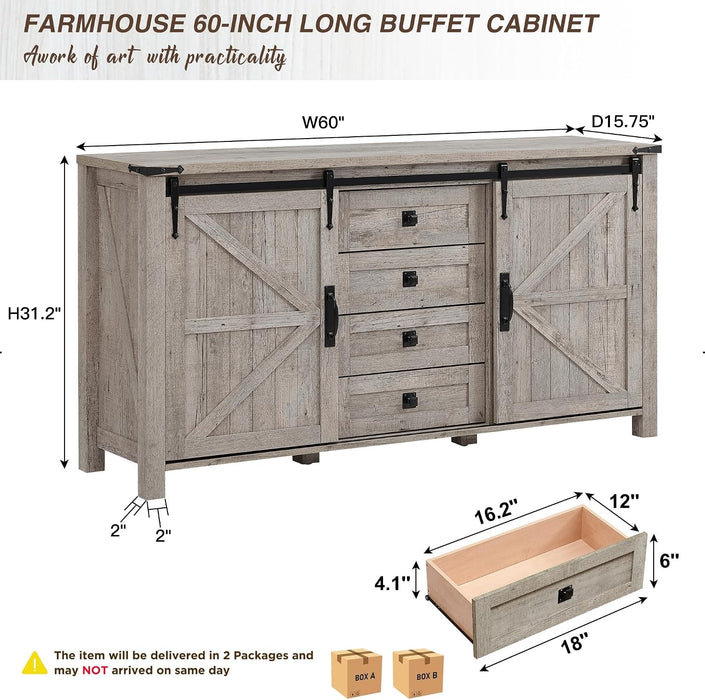 60" Wide Farmhouse Sideboard Buffet Cabinet, Light Rustic Oak