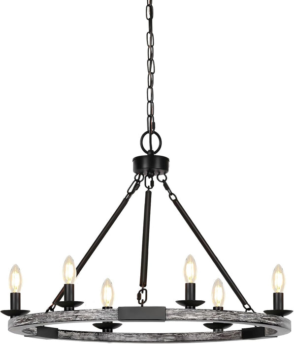 Farmhouse Chandelier, 6-Light Wagon Wheel Chandelier with Adjustable Height, Dining Room Light Fixture, Hanging Lights for Kitchen Island, Living Room, Bedroom, Entryway, E12 Base