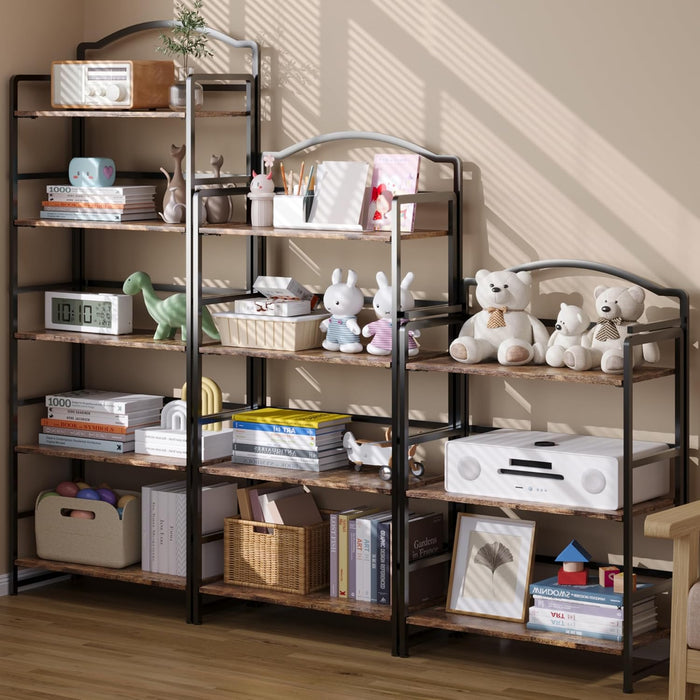 5 Tier No Assembly Folding Bookshelf, Arched Bookshelf, Foldable Bookcase for Living Room, Bedroom, Office,Skinny Bookshelf (Fire Brown)