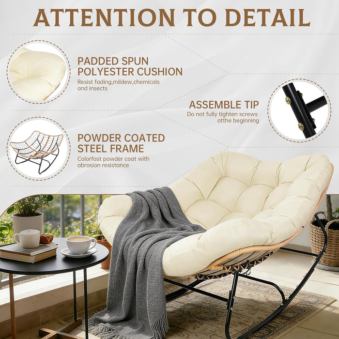 Oversized Wicker Rocking Chair Indoor Outdoor, 450 LBS Heavy Duty Patio Papasan Egg Chair with Cushion, E-Coated Frame Lounge Rocker for Balcony Porch Garden Living Room, Beige