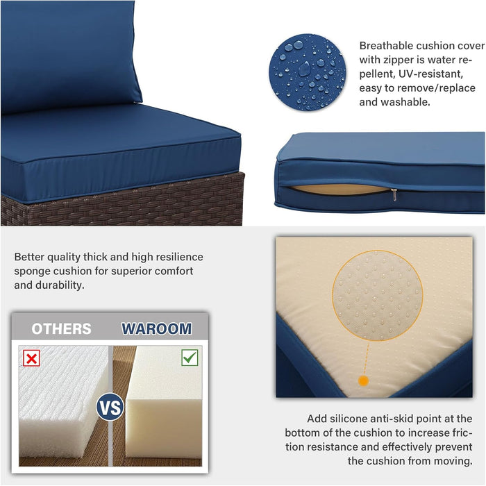 Outdoor Patio Furniture Set 7 Pieces Wicker Sectional Sofa Brown Rattan Conversation Couch with Coffee Table, Anti-Slip Thick Nave Blue Cushion