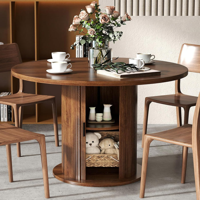 47 Inch round Dining Table for 4-6, Circle Farmhouse Kitchen Table with Storage Space, Wood Strip Base for Dining Room, Living Room, Lunch (Dark Brown)