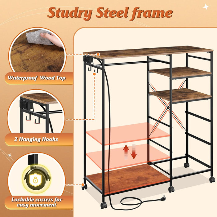 Brown Dresser With Hanging Rack And LED Lights Charging Station