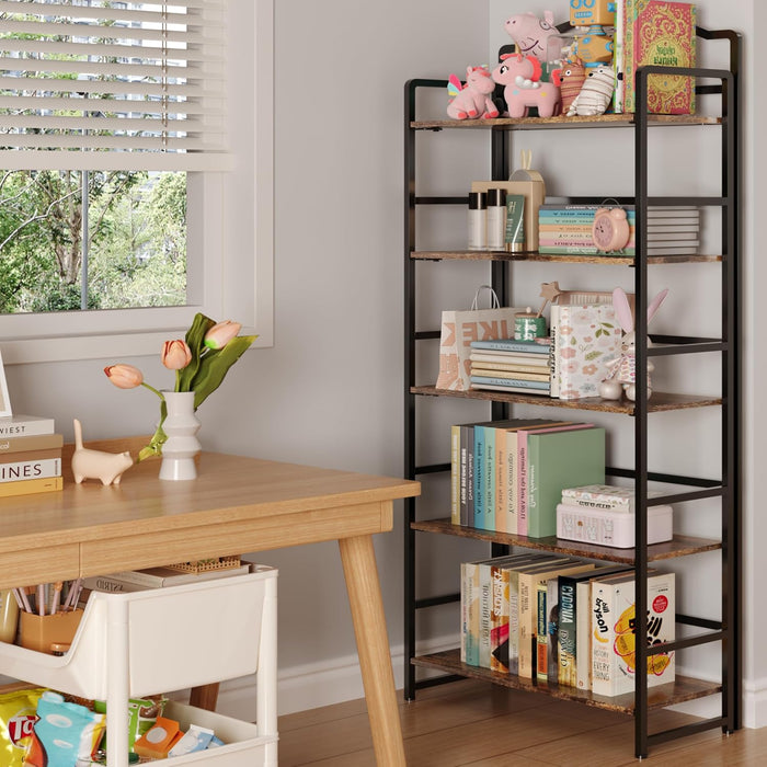 5 Tier No Assembly Folding Bookshelf, Arched Bookshelf, Foldable Bookcase for Living Room, Bedroom, Office,Skinny Bookshelf (Fire Brown)