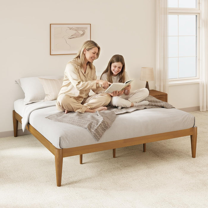 Twin Platform Bed Frame - 16" Wood Mattress Foundation Base, Teak