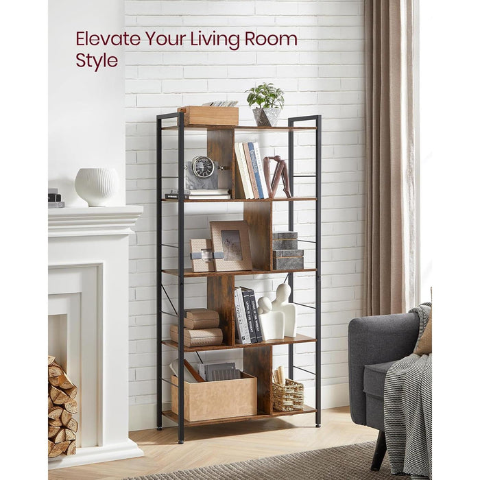 Bookshelf, 5-Tier Bookcase, Storage Shelving Unit, Display Shelf with Open Compartments for Living Room, Home Office, Bedroom, Industrial, Rustic Brown and Black ULBC121B01