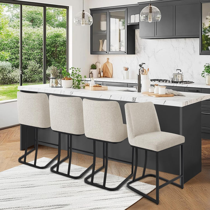Counter Height Bar Stools Set of 4, 24 Inch Seat Height Bar Chairs for Kitchen Island, Linen Fabric Upholstered Barstools with Metal Feet for Dining Room, Beige