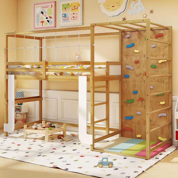Twin Bunk Bed Jungle Gym Playhouse NaturalFinishWood