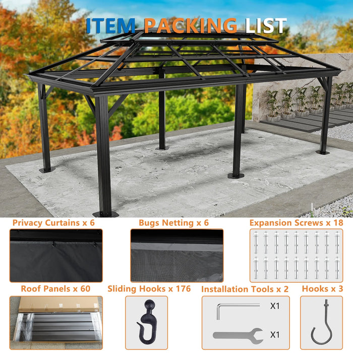 12X20Ft Hardtop Gazebo Galvanized Steel Double Roof Permanent Hardtop Gazebo Aluminum Metal Gazebos with Netting and Curtains Aluminum Frame Steel Gazebos for Deck, Lawns and Backyard, Black