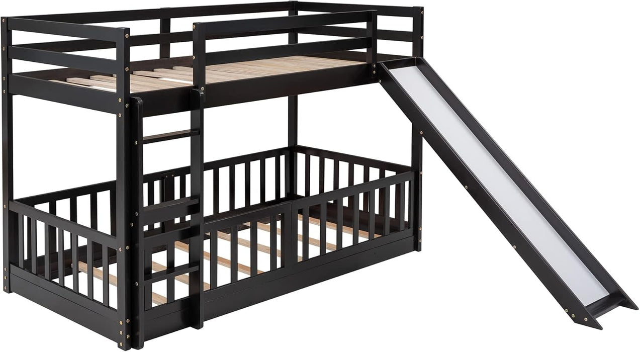Twin over Twin Floor Bunk Bed with Slide and Ladder, Low Bunk Bed for Kids, Girls, Boys, Removable Fence, Bunk Bed with Slide, Espresso