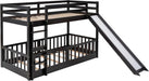 Twin over Twin Floor Bunk Bed with Slide and Ladder, Low Bunk Bed for Kids, Girls, Boys, Removable Fence, Bunk Bed with Slide, Espresso