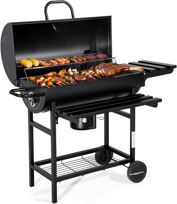 Barrel Charcoal Grill with Foldable Front Shelf, 686 Sq.In. Cooking Area Outdoor Bbq Grill,Thermometer and Adjustable Air Vents for Patio, Parties,Backyard, Tailgating, Black