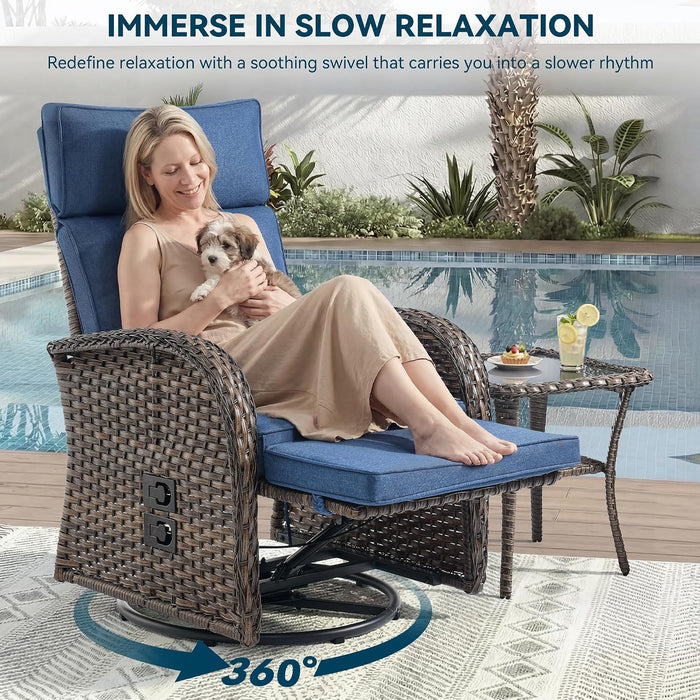 Zero Gravity Patio Swivel Recliner Chairs Set of 2 - Wicker Outdoor Lounge Chair with Adjustable Backrest & Footrest, All Weather Reclining Rocker Chairs with Thick Cushion for Pool Deck Blue