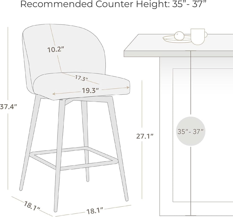 Counter Height Bar Stools Set of 3, 360° Swivel Upholstered Barstools with Backs and Metal Legs, 26" H Seat Height, Fabric in Grey (Multi-Colored)