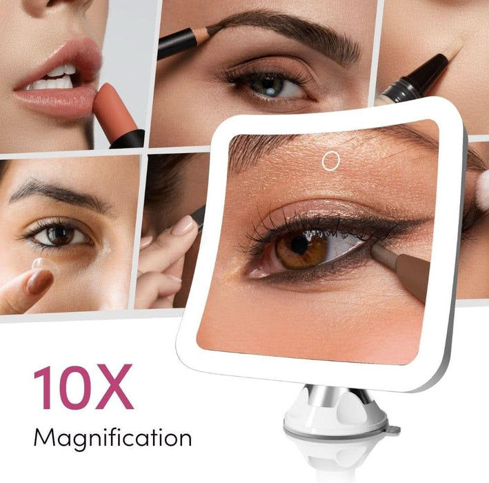 Rechargeable 10X Magnifying Mirror with 3 LED Light Settings, Dimmable Touch Light, Cordless, Locking Suction Mount, Lighted Mirror for Bathroom or Travel, Mira 2 (White)