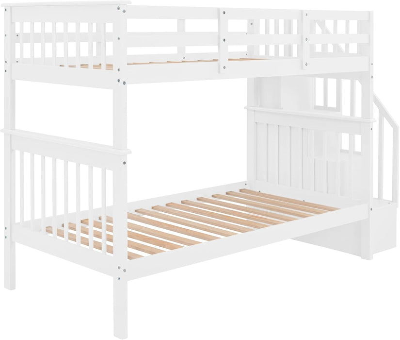 Twin over Twin Bunk Bed with Stairs, Solid Wood Bunk Bed Frame with Storage for Kids Teens Adults Bedroom Dorm - White