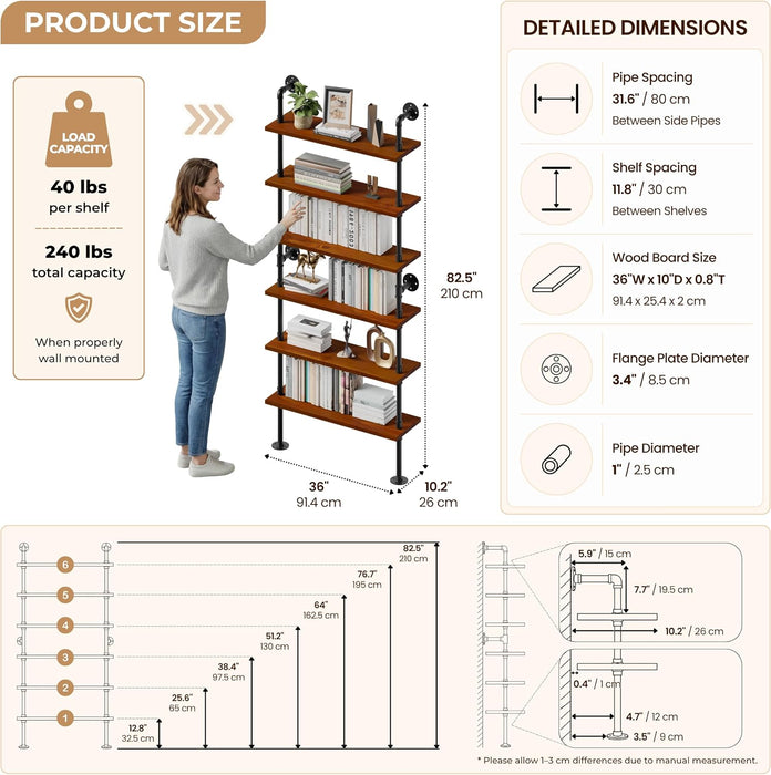 Industrial Pipe Bookshelf, Wall Mounted Shelf, 36 Inch, Walnut Brown | 6 Tier Open Bookcase, Solid Pine Wood, Black Iron Pipe Frame, 40 Lbs per Shelf, for Books, Kitchen, Office Decor