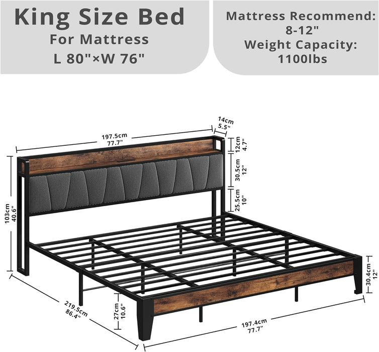 King Size Bed Frame, Storage Headboard with Charging Station, Solid and Stable, Noise Free, No Box Spring Needed, Easy Assembly