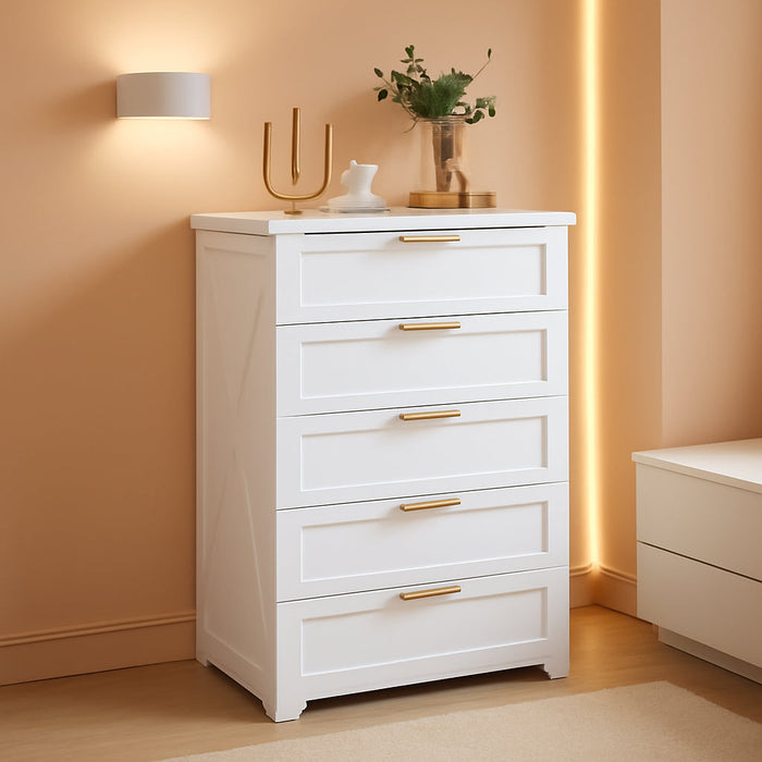 White 4 Drawer Dresser for Bedroom, Tall Bedroom Dresser with Large Drawer & Golden Handles, Wooden Storage Organizer Cabinet Chest of Drawer for Closet, Living Room, Hallway, Children'S Room